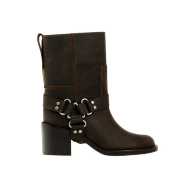 ZARA New Wide Heeled Buckle Biker Boots Leather Suede 7.5 - Picture 6 of 9